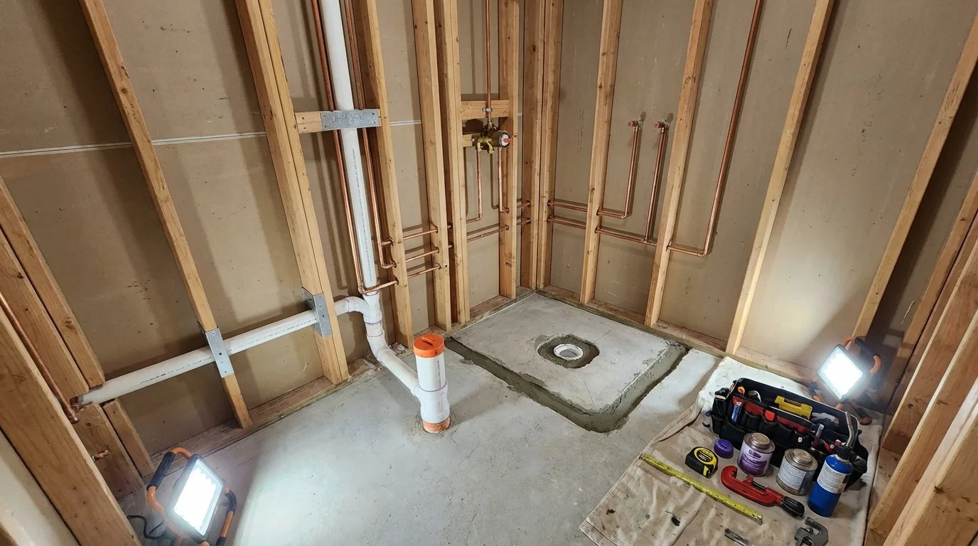 Bathroom rough-in plumbing during remodel by Johns Plumbing LLC in Gunnison