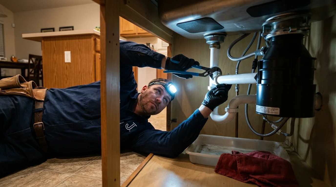 P-trap and supply line connections under a kitchen sink showing a common leak point in Gunnison, CO